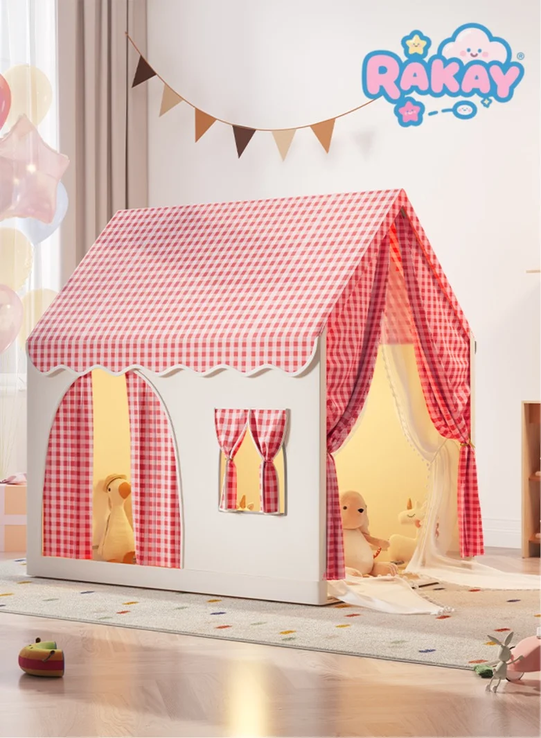 RAKAY Children's Play Tent House Indoor Playhouse Premium Fabric Checkered Pattern (Pink, 125x95x130cm) vhgcs