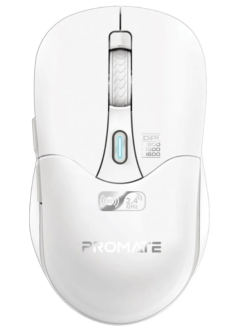 Promate Rechargeable Wireless Mouse, Ergonomic 1600 DPI Optical Sensor with Dual Nano Receiver and 6 Buttons (White) zd1vn