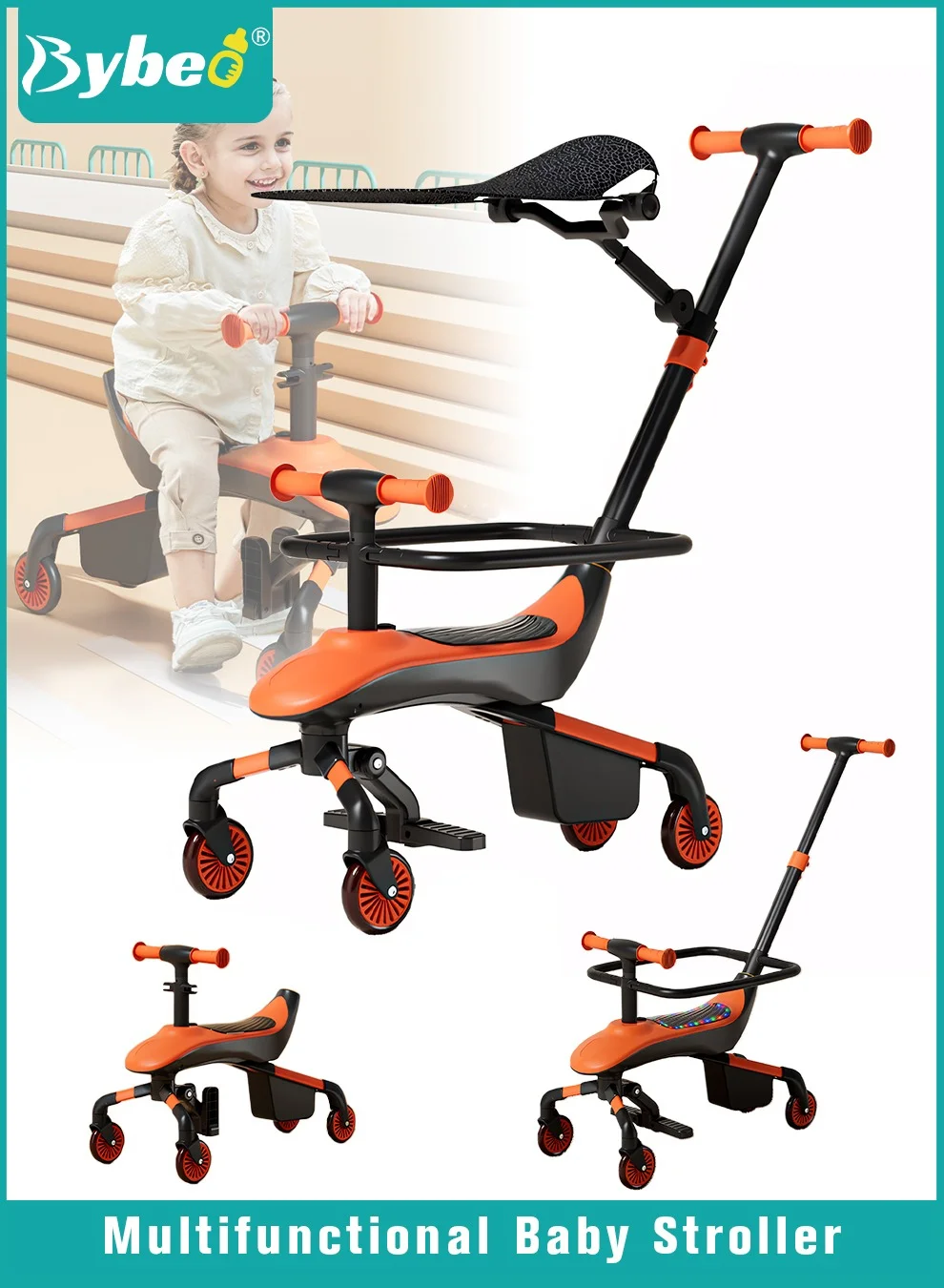 Bybeo 2-in-1 Baby Stroller and Ride-on Car with Push Handle, Toddler Balance Bike with 4 Silent Wheels, Music and Lights (For Kids) 7hkg6