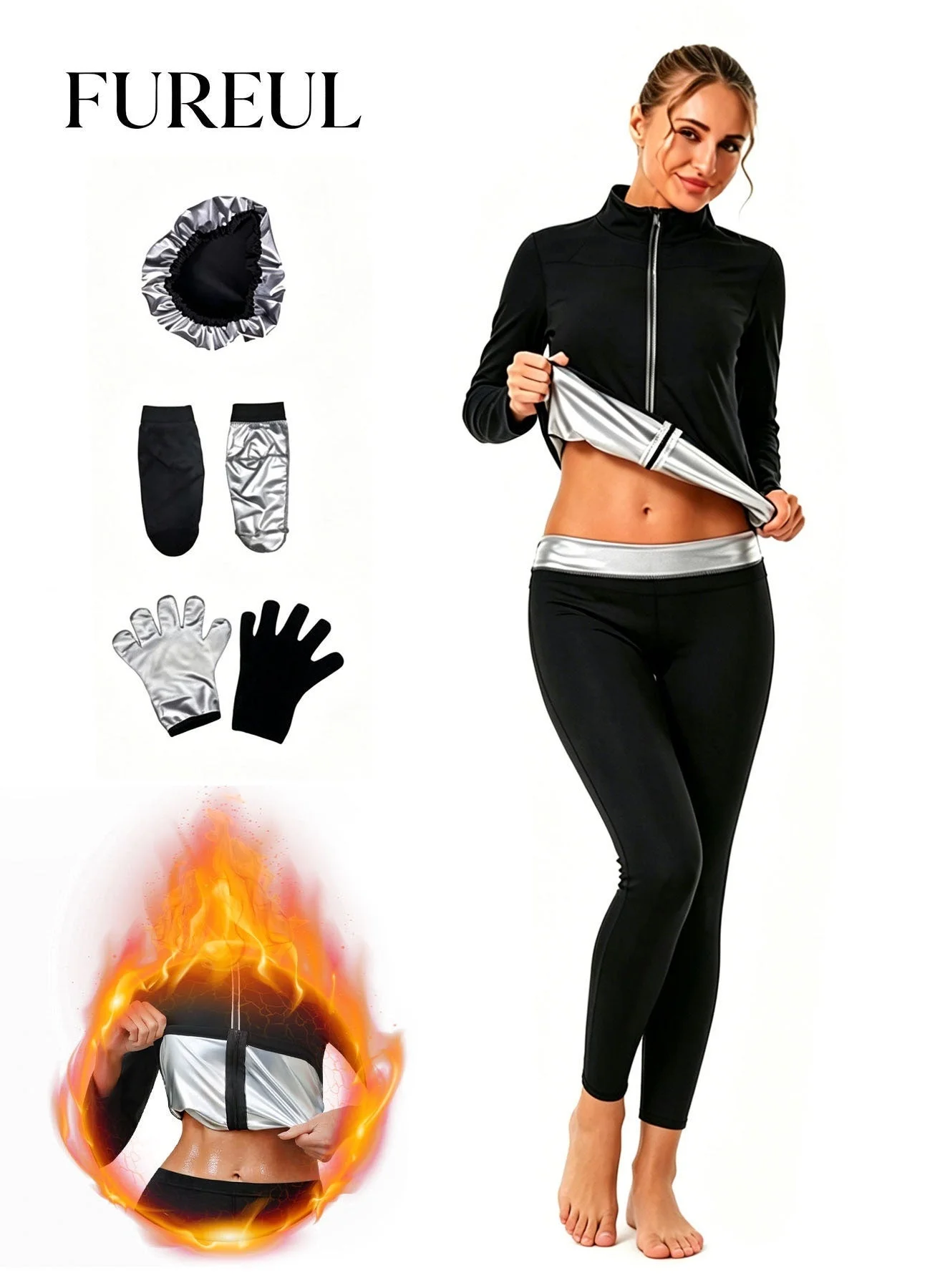 FUREUL Women Sauna Suit Set Premium Breathable Compression Outfit Long Sleeve Top & High-Waist Shaping Pants with Accessories (Black, M) 1nnub