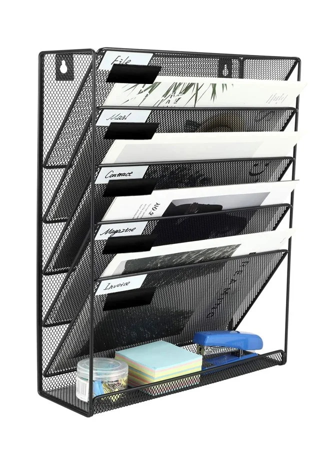 HAWAWA 5-Tier Mesh Desk File Organizer, Wall Mount Document Holder with Bottom Tray for Home and Office (Black, 32 x 10 x 40 cm) it36v