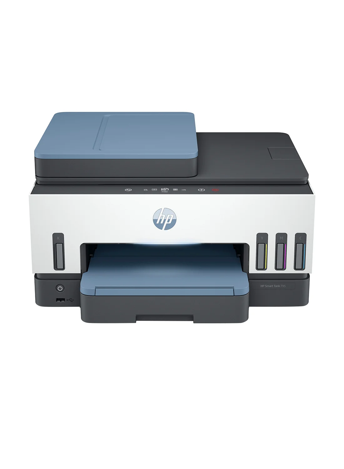 Premium All-In-One Wireless Color Ink Tank Printer with Duplex Printing ADF and FAX (White/Blue) mnxci