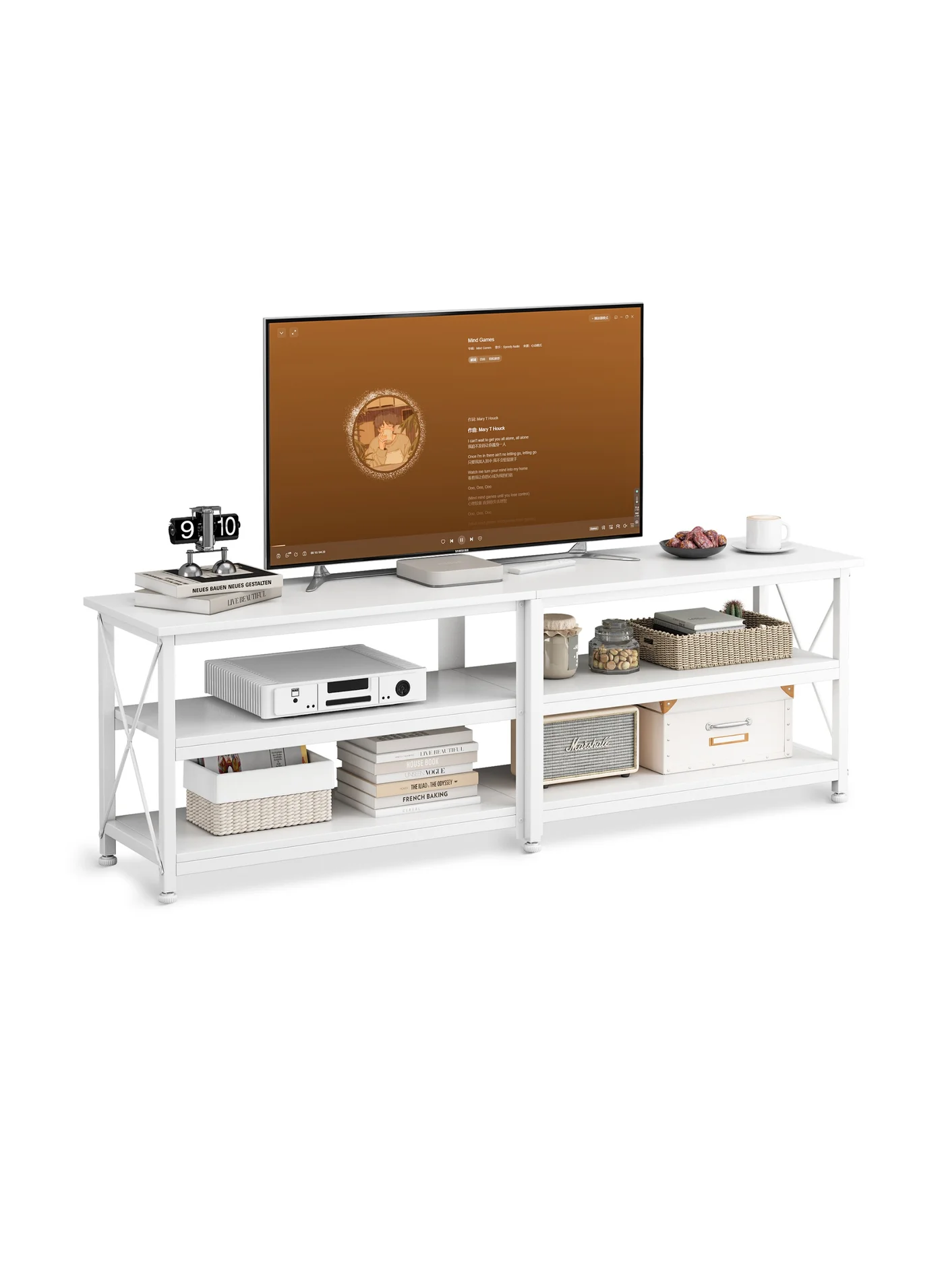 Visionnaire Modern TV Stand Console Table with 3-Tier Storage Shelf (White, 160x40x60cm) xnq8o