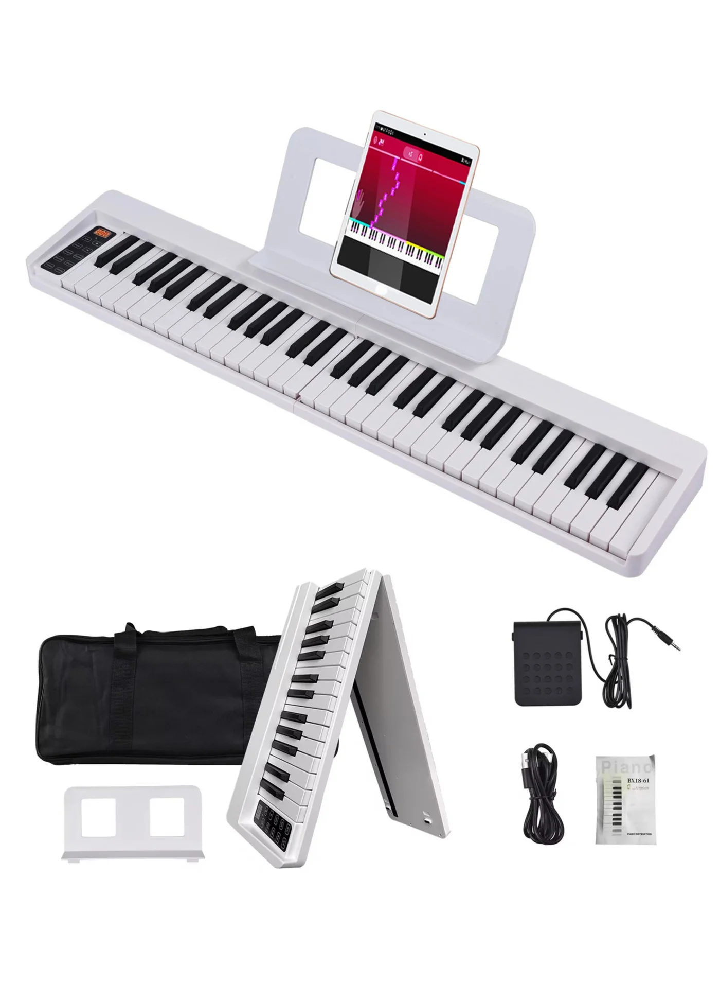 Premium Folding 61-Key Digital Piano Portable Keyboard with Carry Bag and Stand (White) xeaar