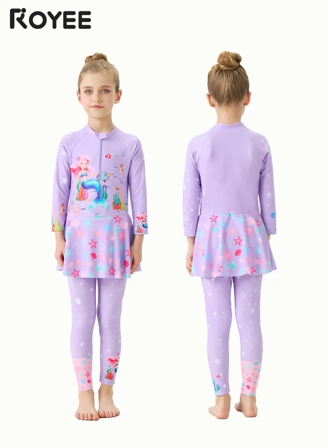 Royee Girls Long Sleeve One-Piece Swimsuit with Cap Full Coverage Sun Protection Swimwear (Purple Mermaid, Kids) zfvp9