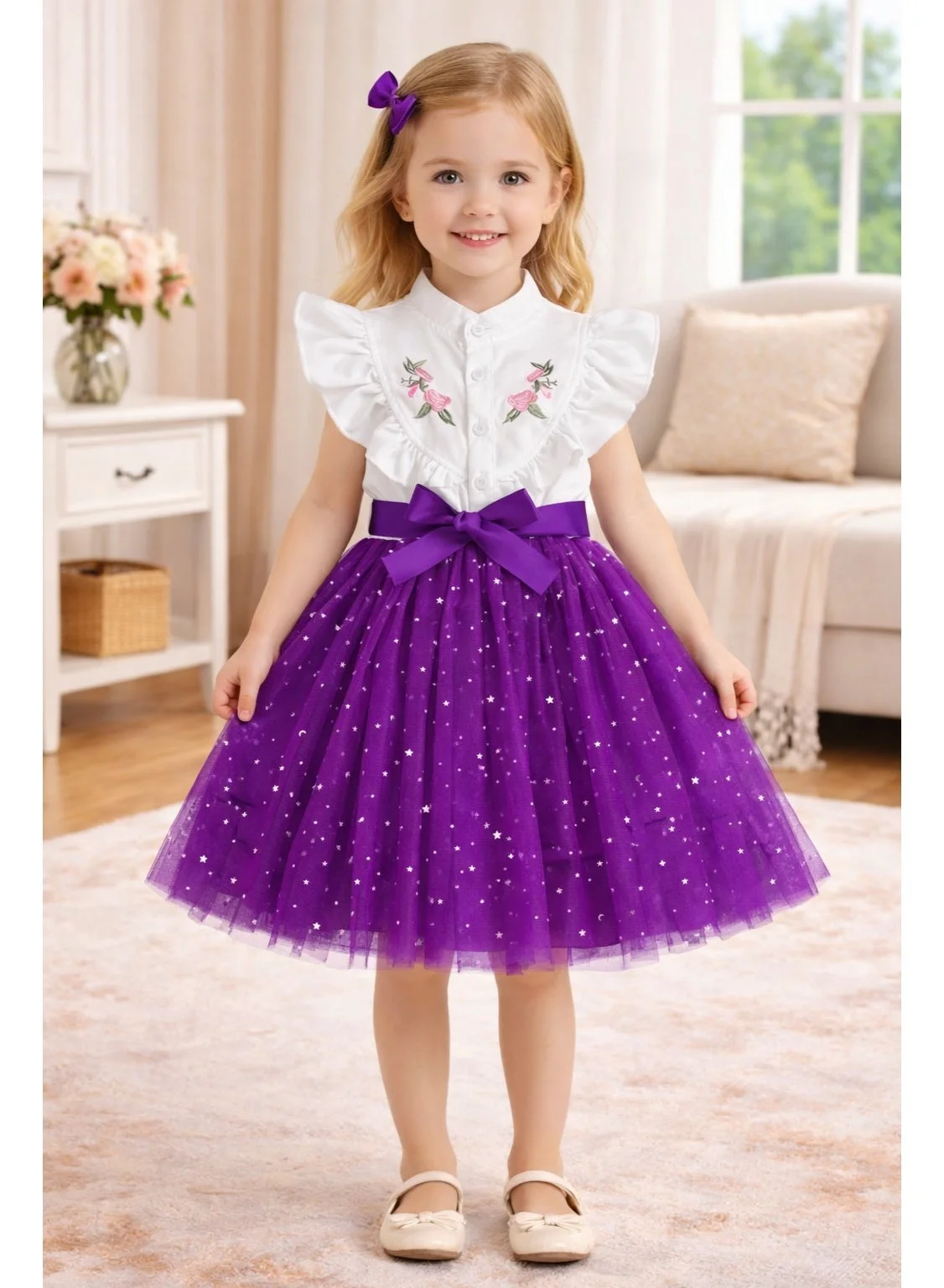 Smarties AE Girls Floral Embroidered Party Dress with Ruffle Sleeves and Star Tulle Skirt (Red, 3-5 Years) lqymq