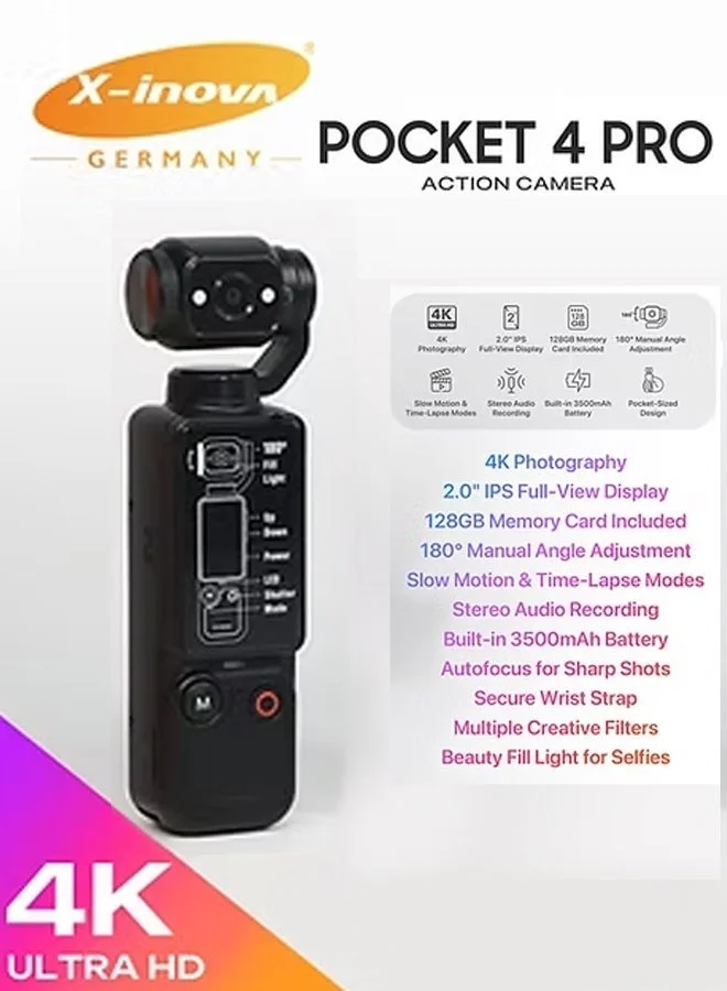 X-Inova Pocket 4 PRO Action Camera 4K Ultra HD Professional Video Recording (Black) sn11f