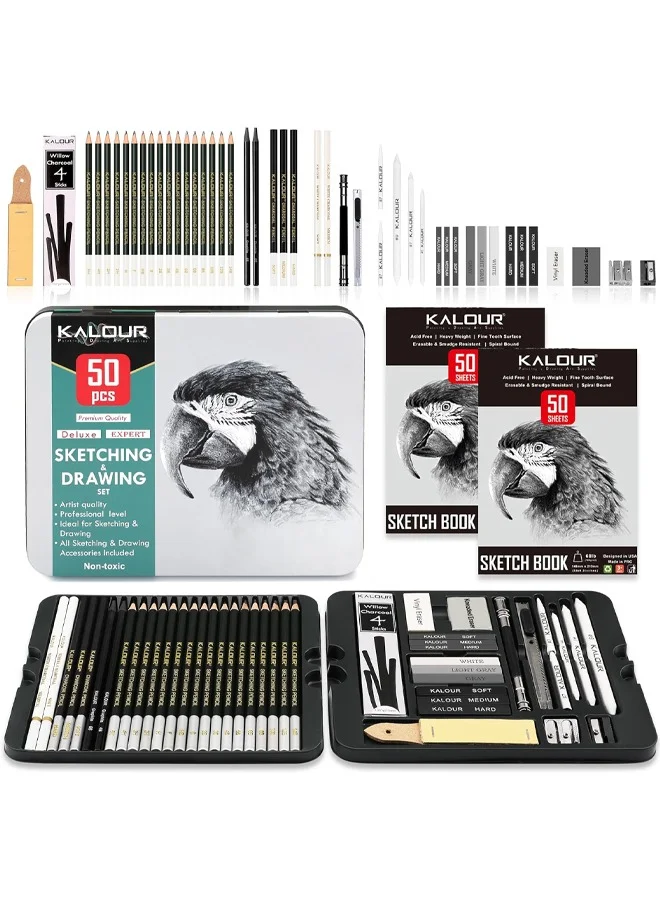 KALOUR Professional Sketch Drawing Pencil Set with Sketchbooks and Artist Tools (52-Piece Kit) xbnji