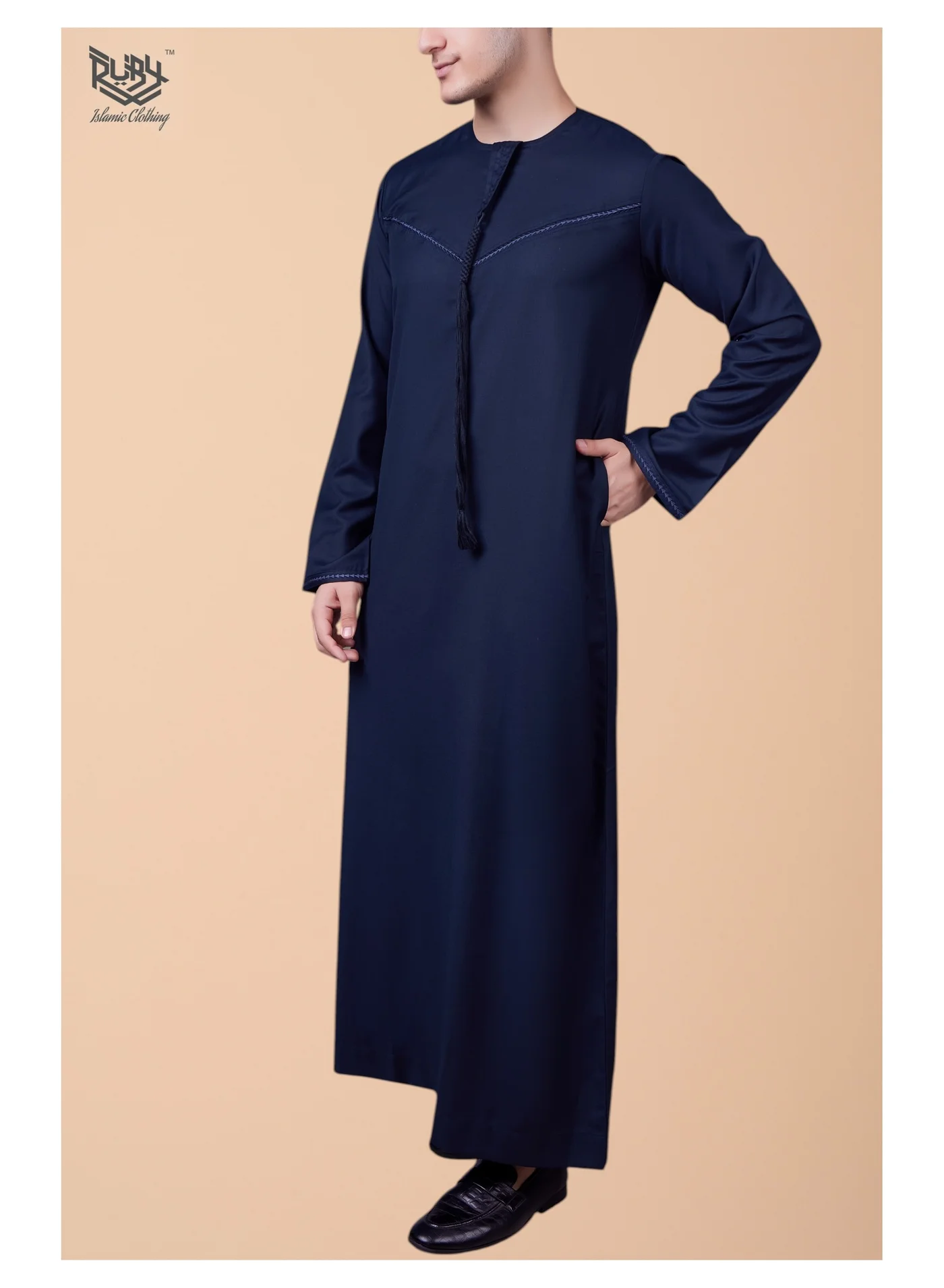 RUBY ISLAMIC CLOTHING Traditional Emirati Navy Thobe with Tassel and Intricate Embroidery (Navy, Large) 89nv9