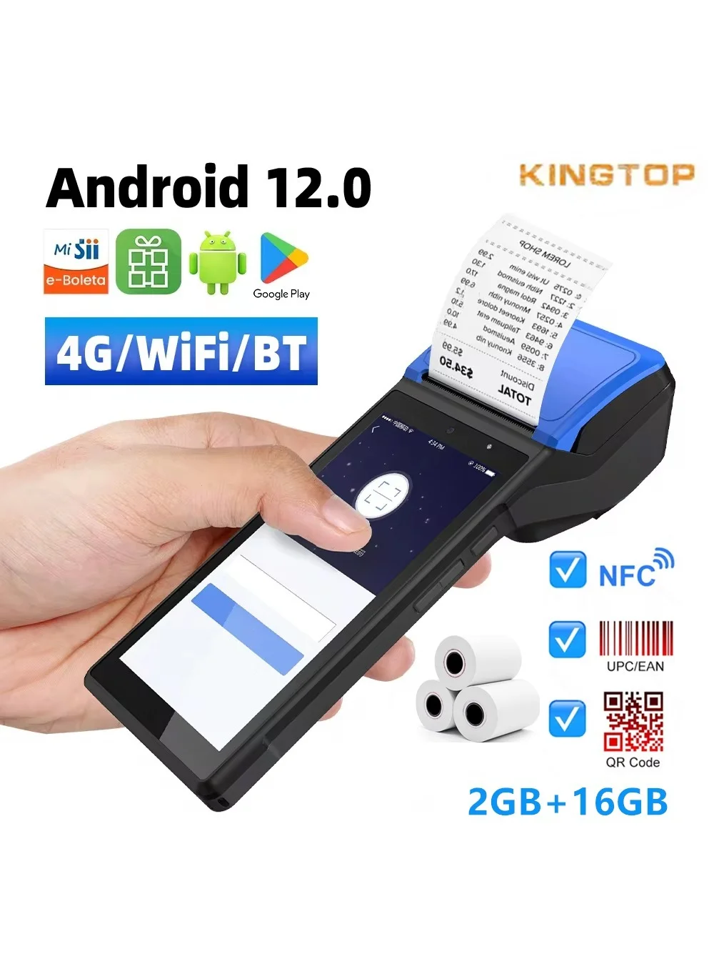 KINGTOP Handheld Smart POS Terminal with Thermal Receipt Printer and Barcode Scanner (58mm, 3 Rolls Included) t4s9f