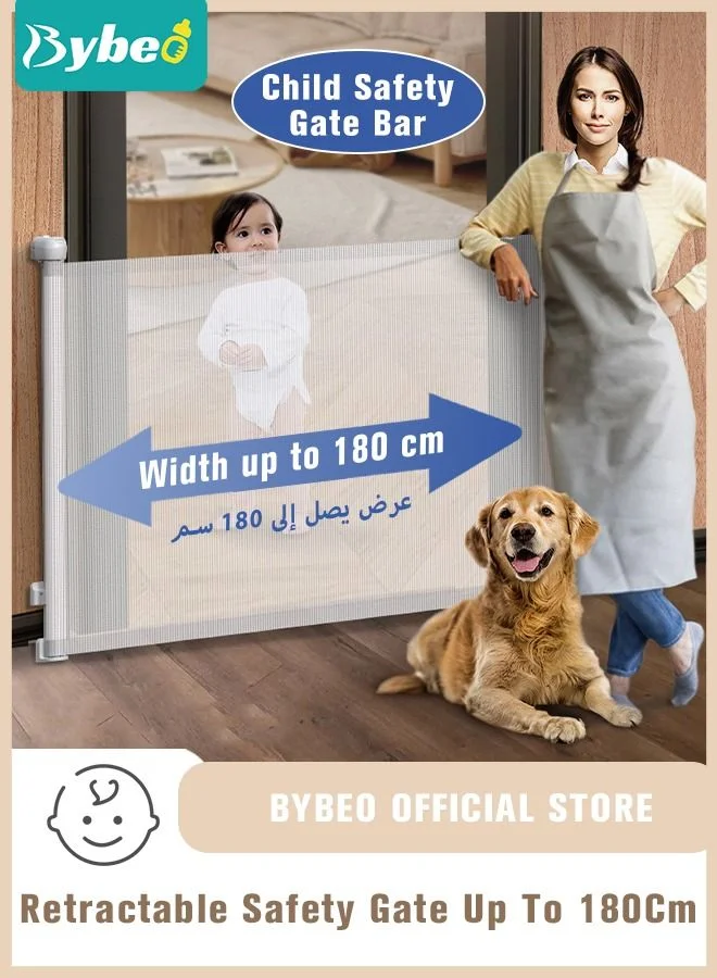 Bybeo Retractable Baby Safety Gate for Stairs and Doorways, Premium Mesh Pet Barrier, Indoor Toddler Play Fence (80cm Tall, 180cm Wide) f1d8q