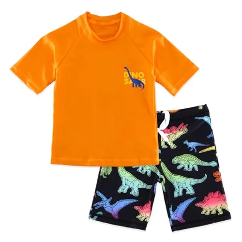SINOLY Boys Two Piece Rash Guard Swimsuit Set Short Sleeve Dinosaur Print Swimwear (6T) x66tg
