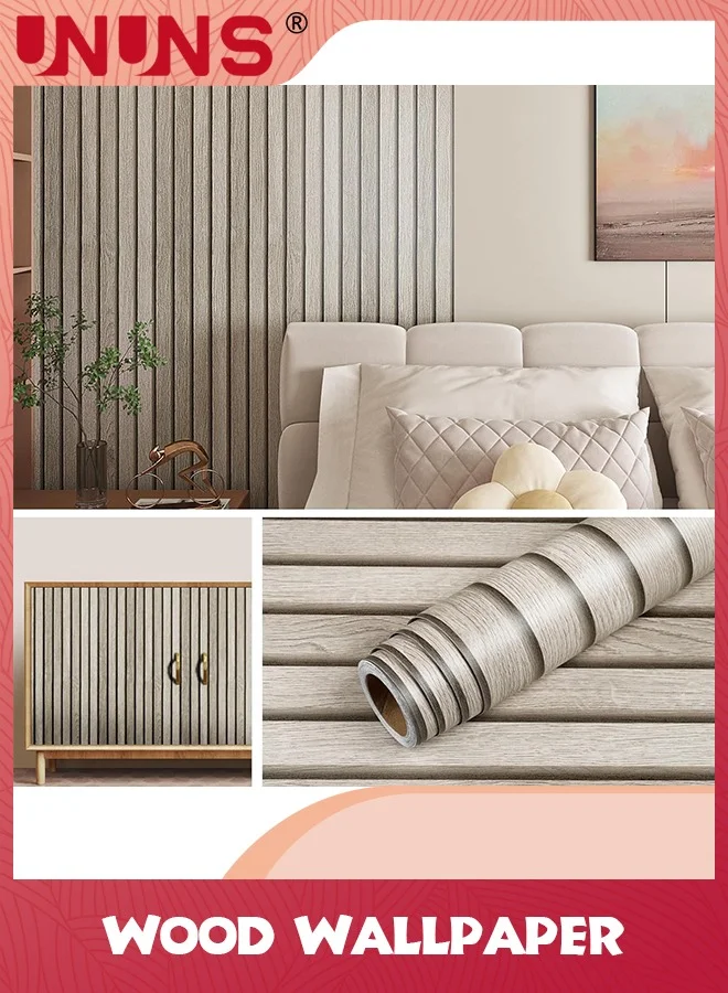 UNUNS 3D Wood Slat Wall Wallpaper Modern Accent Panel Self-Adhesive Decorative Contact Paper (Beige, 44.5cm x 5m) 068dr