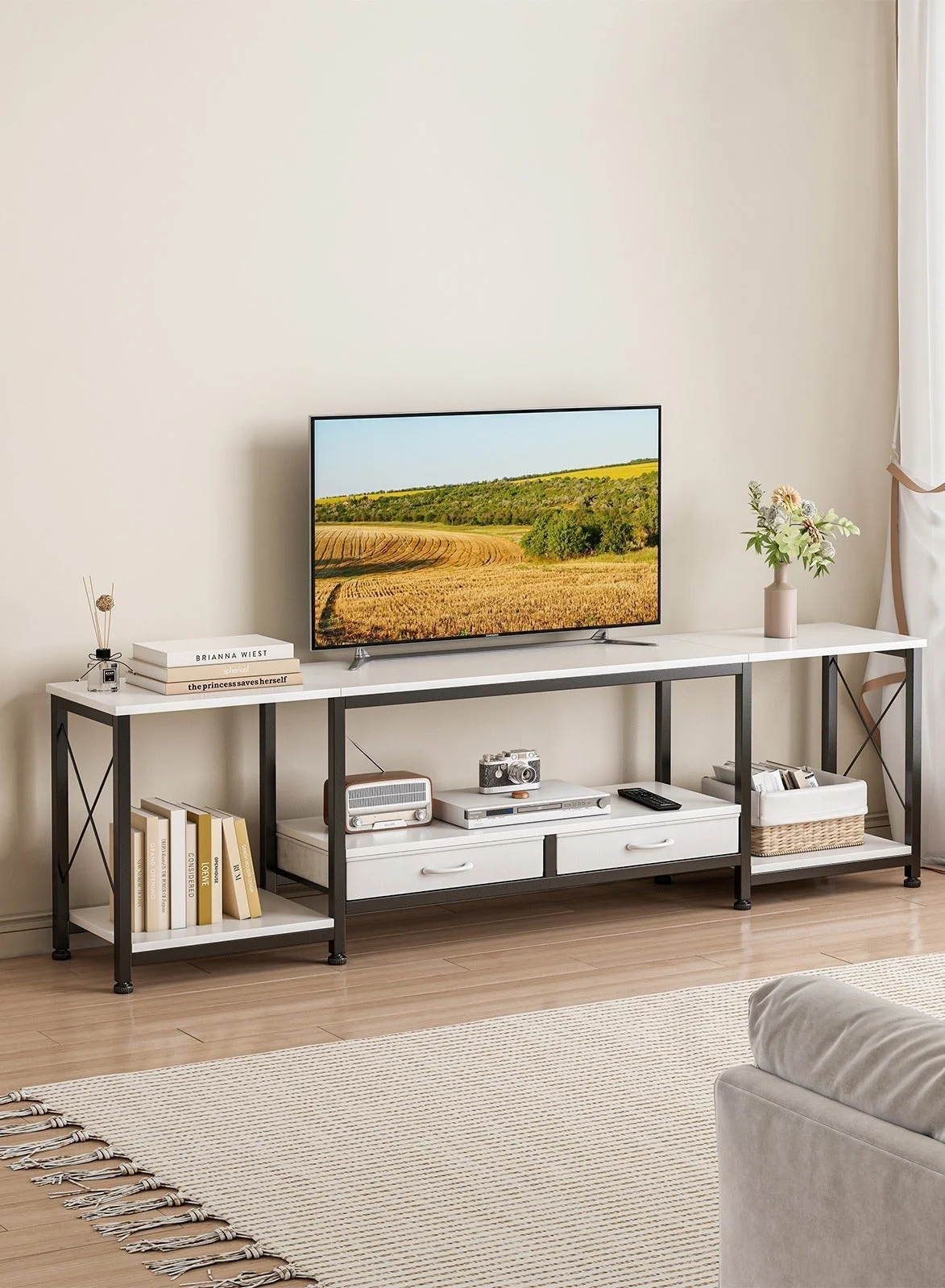 SHEIDLIN 69-Inch Modern TV Stand Media Console with 2 Fabric Drawers and Open Shelves (White, 175 cm) krmmk