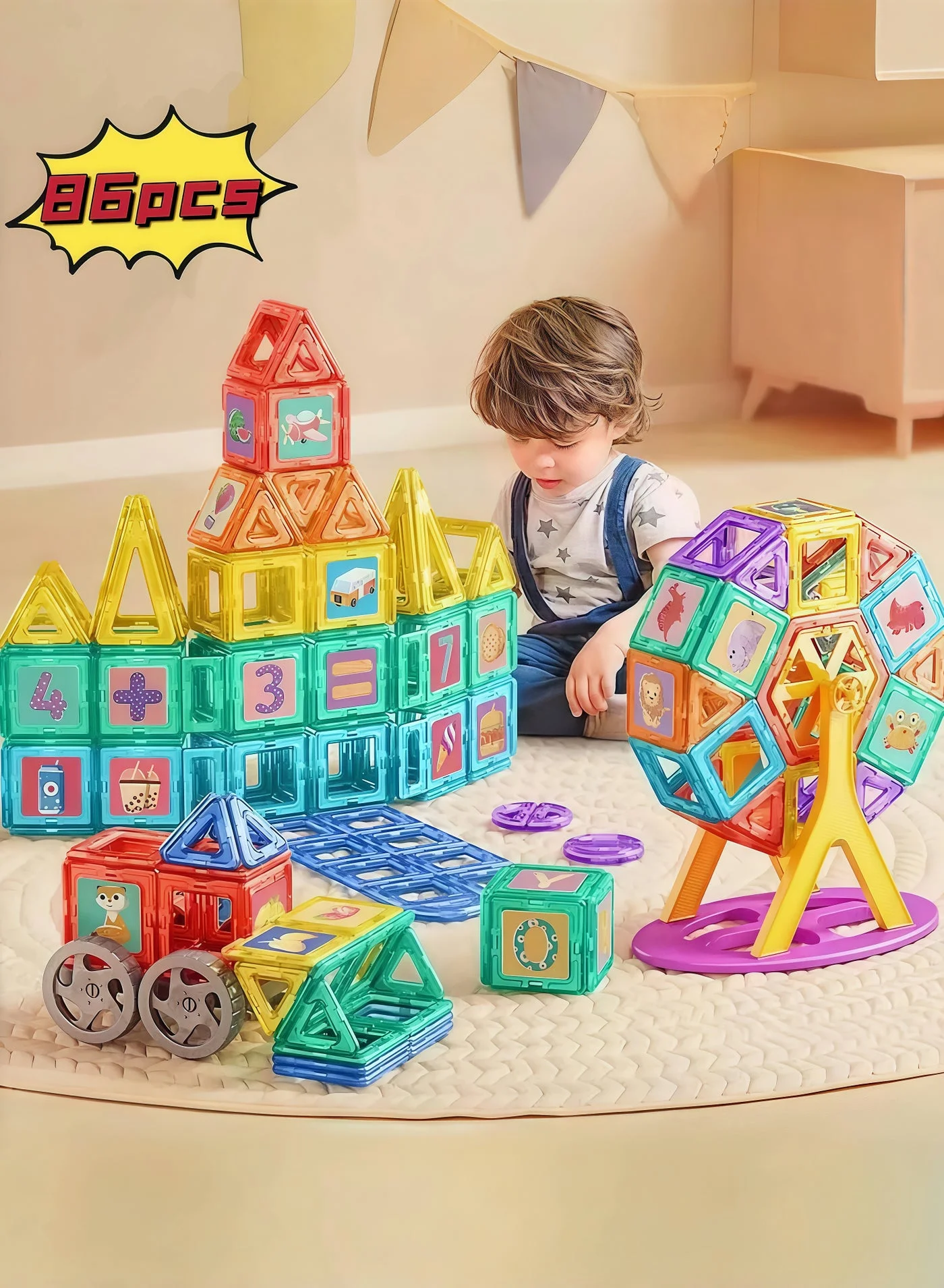 Wisalia Magnetic Tiles Building Set, STEM Educational Construction Blocks for Creative Learning (86-Piece) 40g68