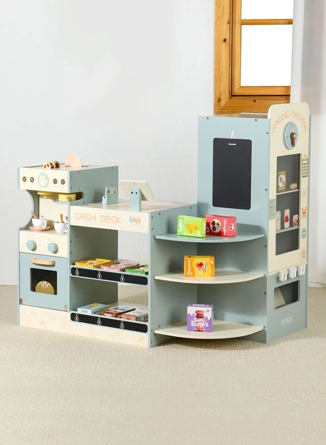 JSAITOYS Wooden Grocery Store Play Set with Cash Register and Coffee Vending Machine for Kids (Premium Educational Pretend Play Supermarket) cru4y