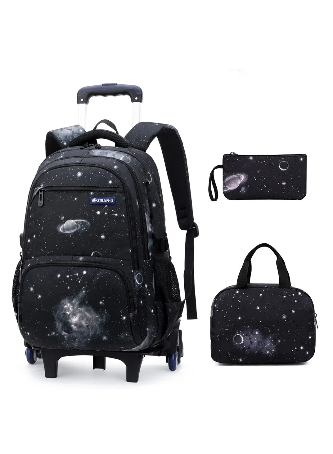 ZIRANU Rolling School Backpack Set with Lunch Bag and Wheels for Kids and Teens (Black, 3-in-1) eklhi