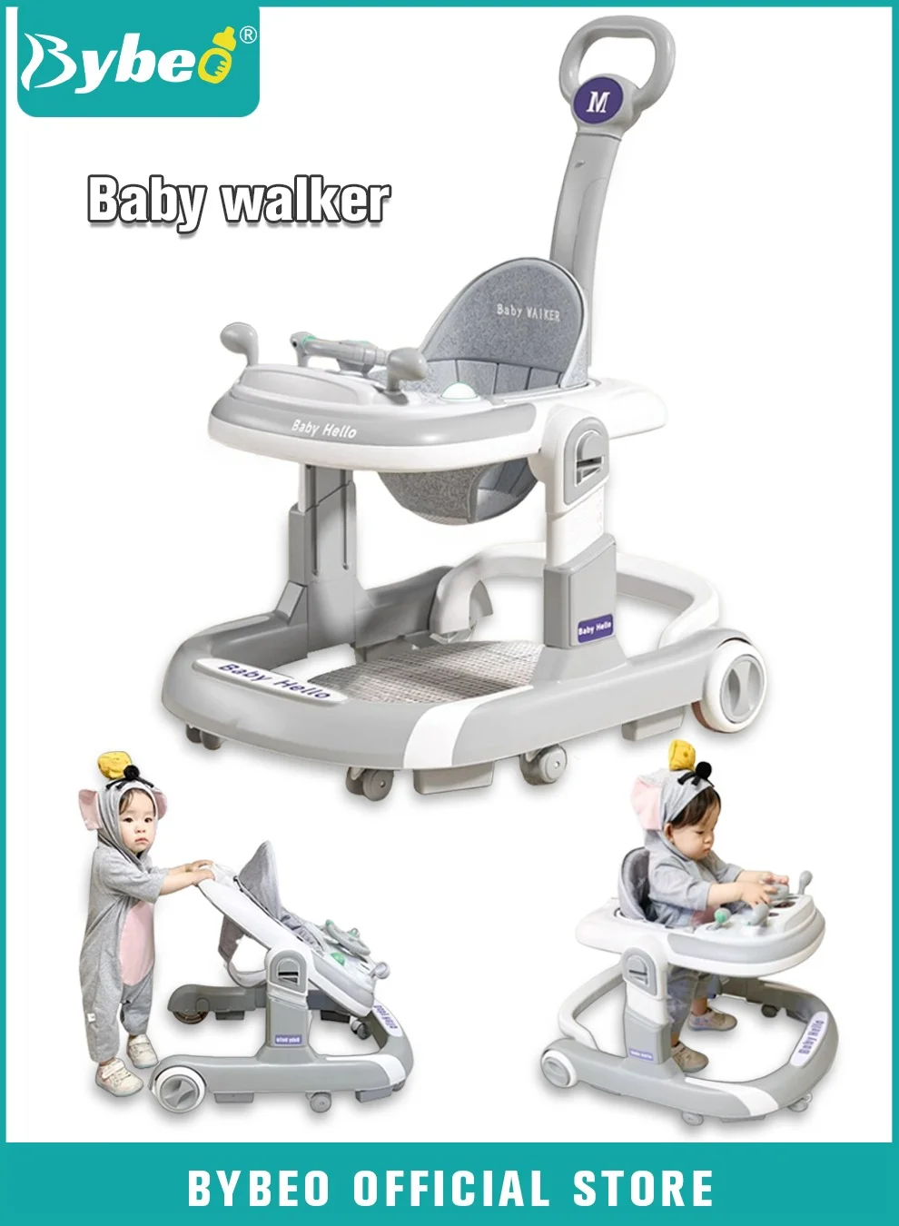 Bybeo 3-in-1 Baby Walker with Parent Push Handle and Adjustable Height (Infant, Multi-Functional) gj7ka
