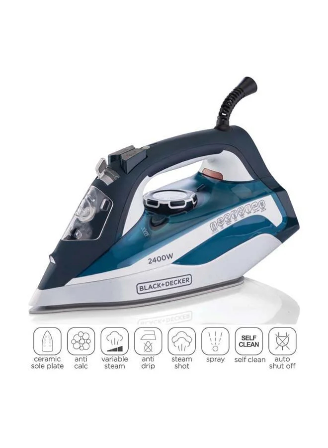 Premium Steam Iron with Ceramic-Coated Soleplate and 2400W Power (Blue, 380 mL) f9wbo