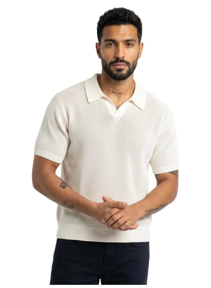 Premium Textured Knit Polo Shirt for Men (White, Regular Fit) eff8u
