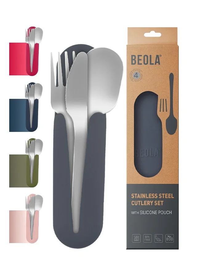 BEOLA Stainless Steel Cutlery Set with Silicone Case, Portable Travel Utensils for Camping and School (Lava Gray, 4-Piece Set) qnaex