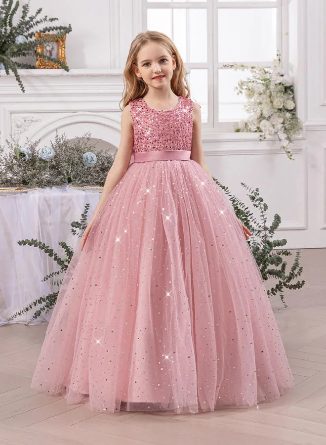 Take Two Girl Sequin Bow Detail Mesh Maxi Party Dress (Kids, Pink) hgson
