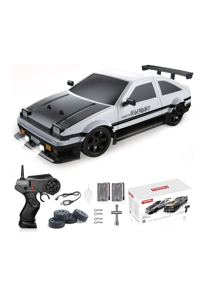 Premium 1/16 Scale 4WD RC Drift Car High Speed Racing Vehicle with LED Lights and Spray Effect (White, 2 Rechargeable Batteries) iwpr7