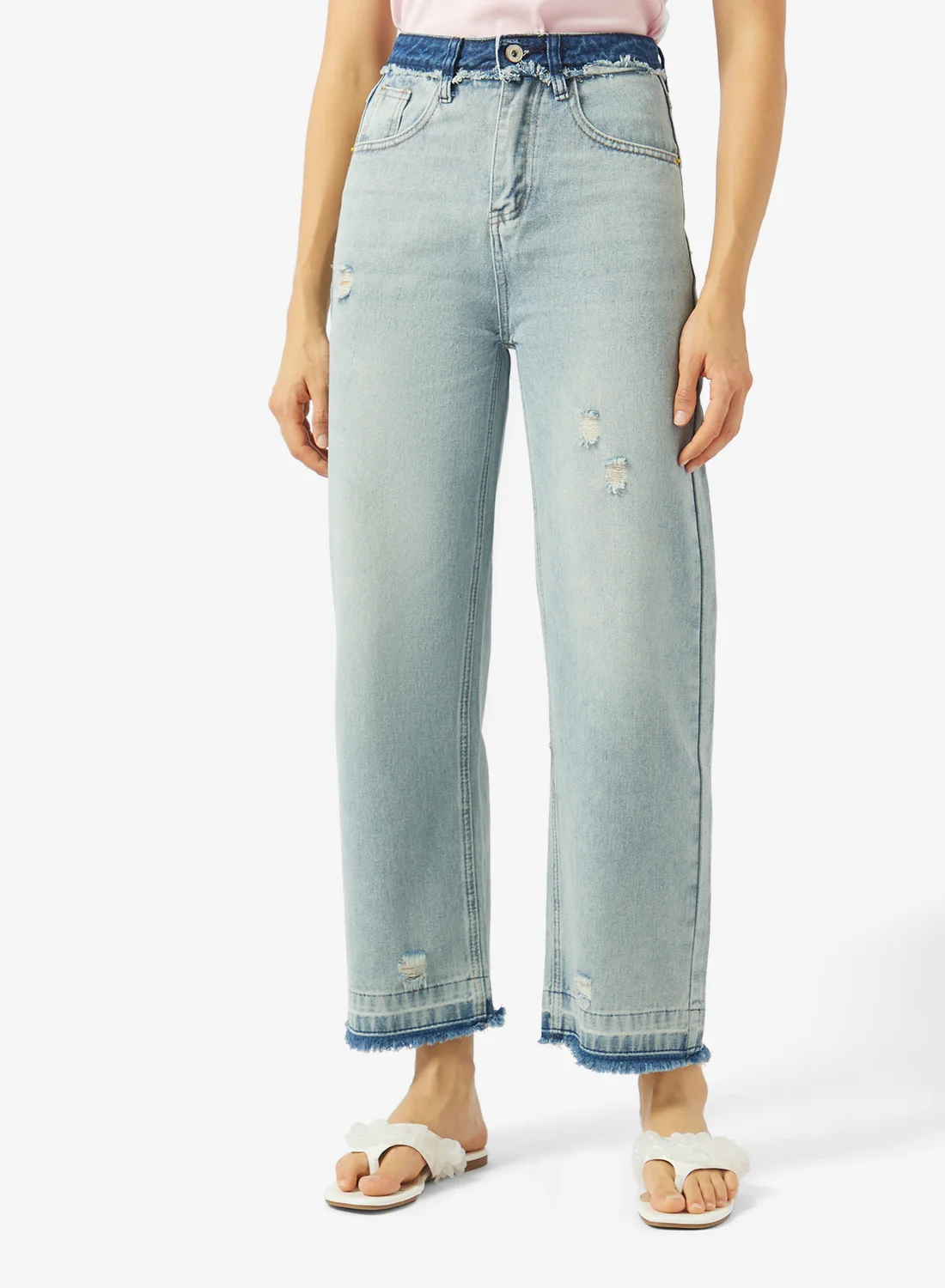 Ginger Mid Rise Wide Leg Distressed Jeans Premium Denim Casual Trousers for Women (Blue, 38) flmez