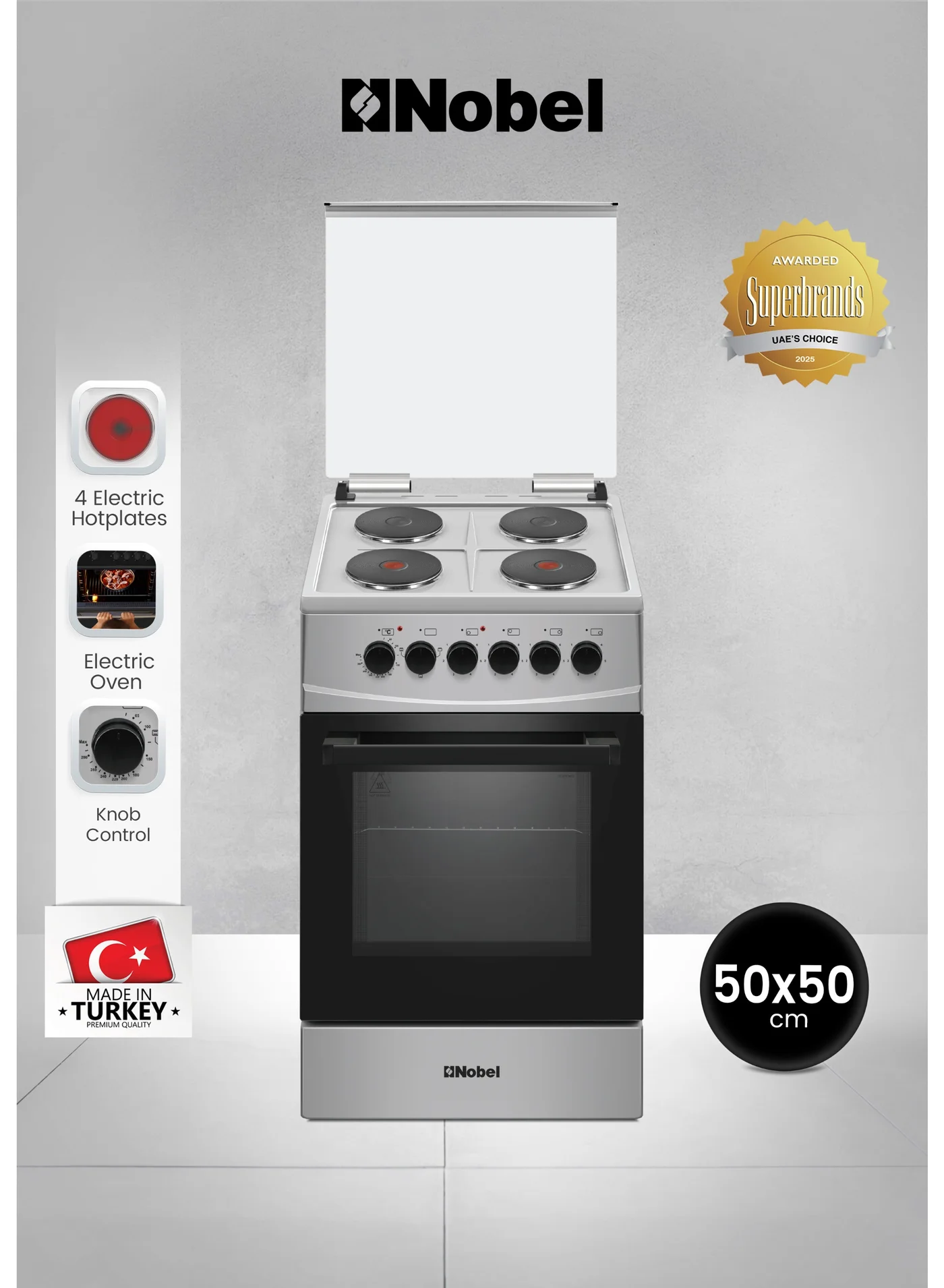 Nobel 60cm Electric Cooking Range with 4 Hotplates and 58L Oven, Premium Inox Finish, Freestanding Kitchen Appliance (Silver, 60cm) 9h278