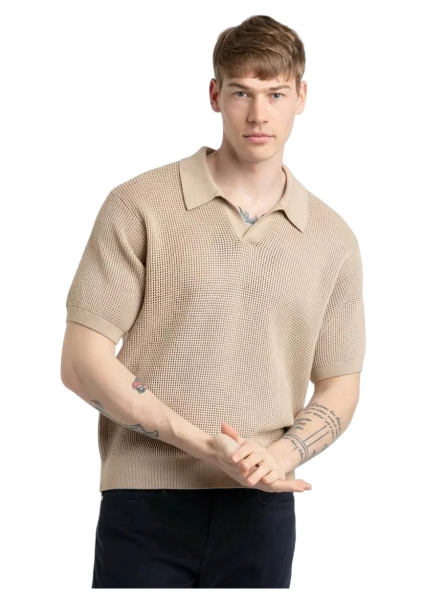 Premium Textured Knit Polo Shirt for Men (Beige, Regular Fit) 3zrvs