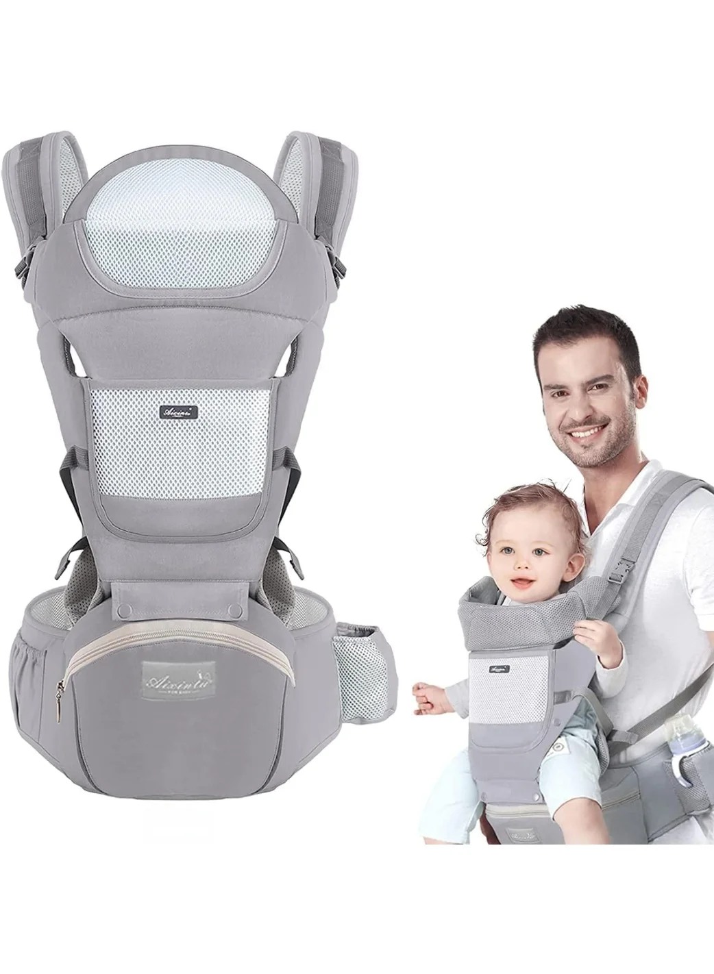 MostNow Ergonomic 6-in-1 Baby Carrier with Hip Seat and Breathable Mesh for Newborn to Toddler (Grey) ssaz6