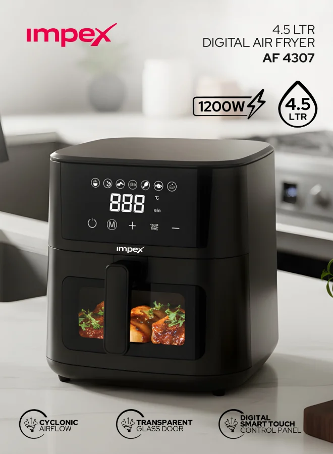 Impex Digital Air Fryer with Transparent Glass Door, 1200W Cyclonic Airflow, 7 Preset Menus, Non-Stick Basket (Black, 4.5 L) g84v3