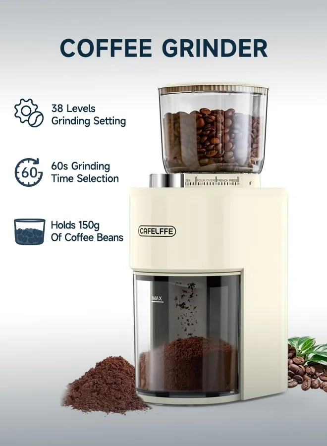 Cafelffe Electric Burr Coffee Grinder with 38 Precise Grind Settings and Adjustable Timer (White, 200W) cpdkb