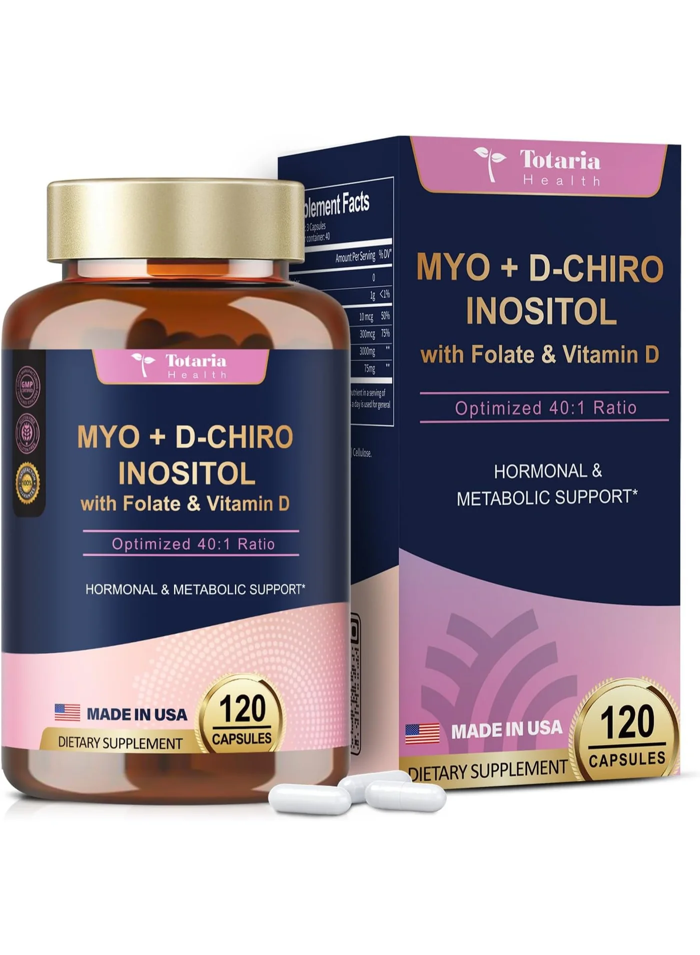 Totaria Inositol Supplement for Women with Vitamin D3 and Folate (40:1 Ratio Myo-Inositol & D-Chiro Inositol Complex, 120 Capsules) 5ef59