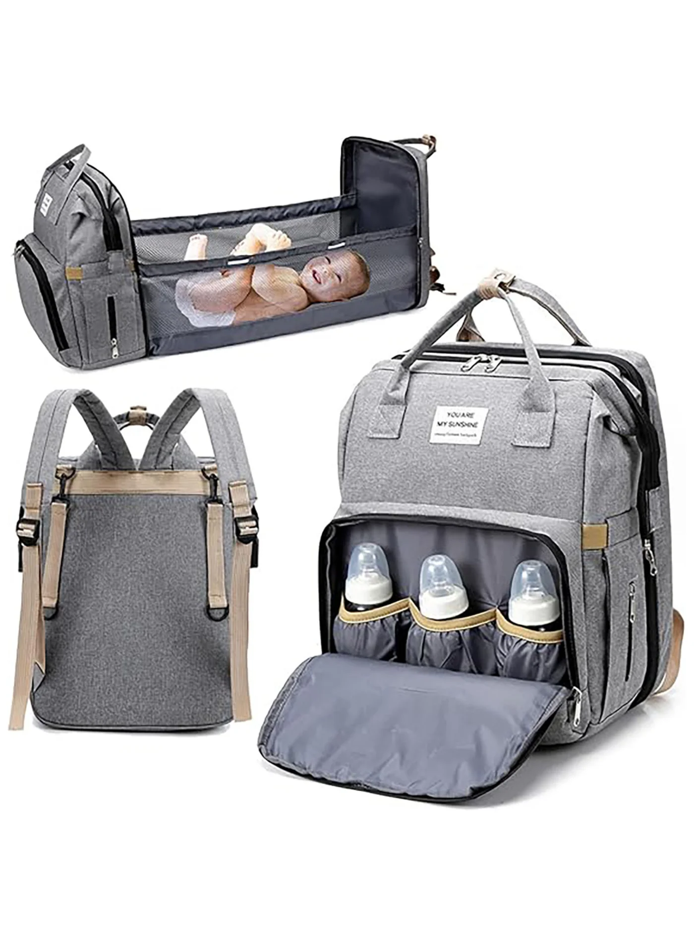 AUTOYSUR Multi-Function Diaper Bag Backpack with Portable Bassinet Waterproof Travel Tote for Parents (Grey, 40x30x20 cm) kztlx