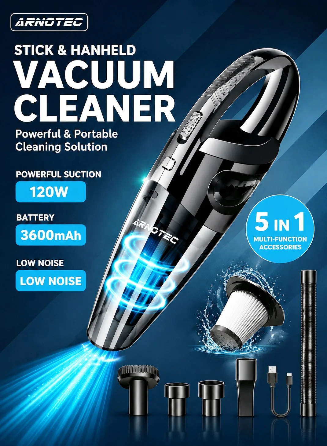 ARNOTEC Handheld Cordless Vacuum Cleaner High Power 120W Portable Dust Buster for Car Home and Office Use kocnr