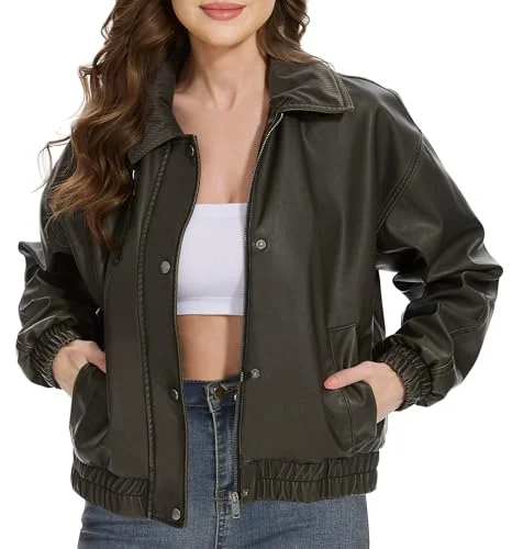 Fahsyee Womens Oversized Faux Leather Moto Biker Jacket Vintage Style with Corduroy Collar (Black, XL) 95d3r
