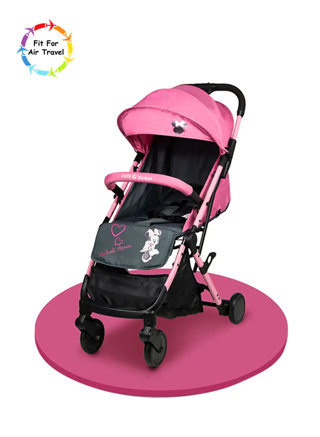 Cartoon Minnie Mouse Travel Stroller Compact Foldable Design with Storage Basket (Pink, 15 kg Capacity) 0qla4