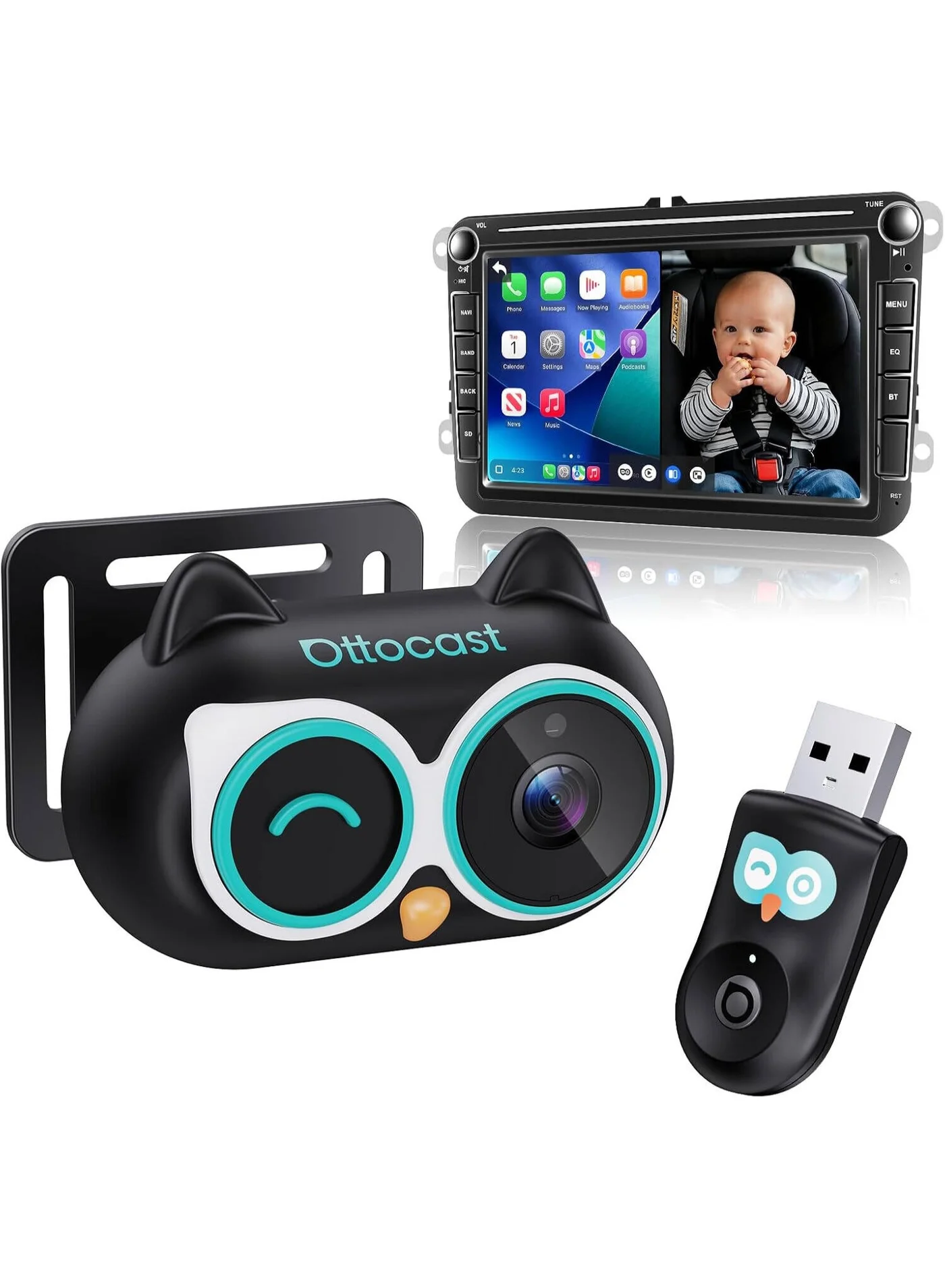 Cabin Care Wireless CarPlay Adapter with 1080P Rear Seat Baby Monitor Camera (150¡ã Wide Angle, Night Vision, Plug & Play USB-A, For Infants and Kids) t3r0b