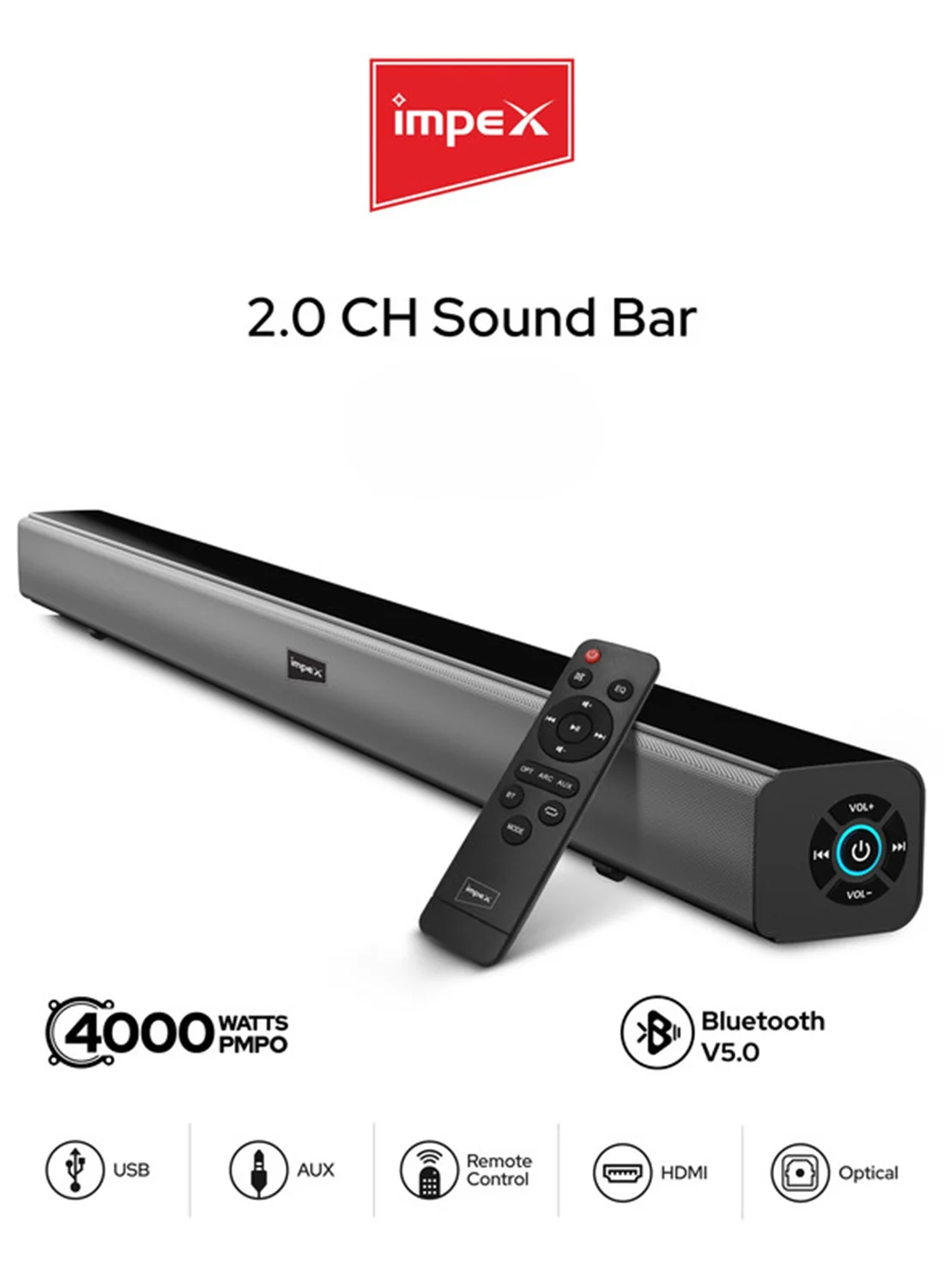 Impex 2.0 Channel Soundbar Home Theatre System with Bluetooth 5.0, LED Display, Remote Control, and Multi-Input Connectivity (Black) f43x5