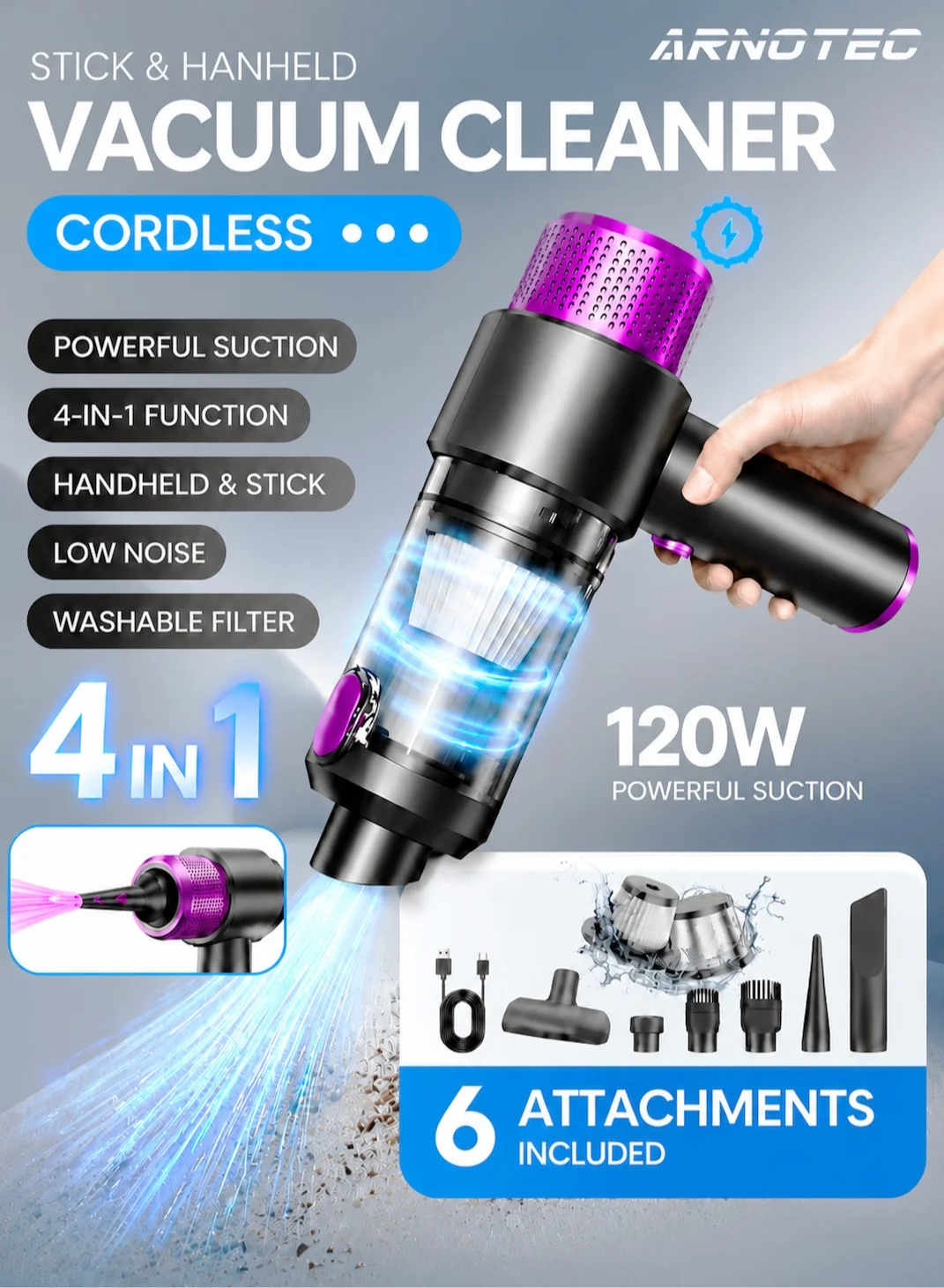 ARNOTEC Handheld Cordless Car Vacuum Cleaner 7500Pa High Power Portable 4-in-1 Mini Duster with LED Light (Black, 1 Unit) f4jw0