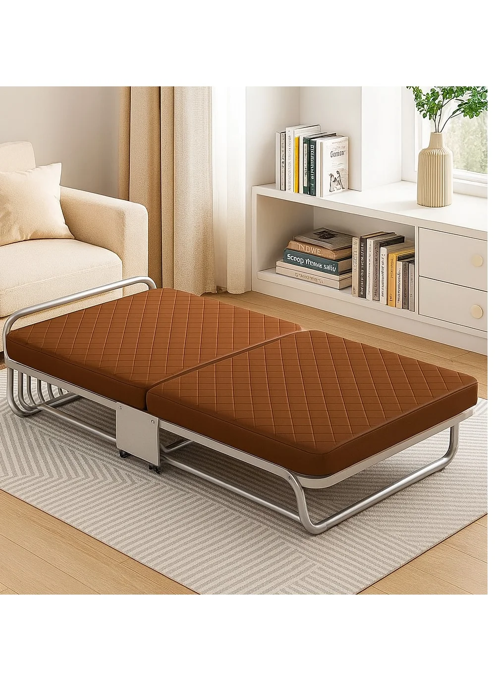 Harmony Home Folding Bed with Mattress, 6-Position Adjustable Rollaway Guest Bed with Iron Frame and Lockable Wheels (Brown) zjmjq