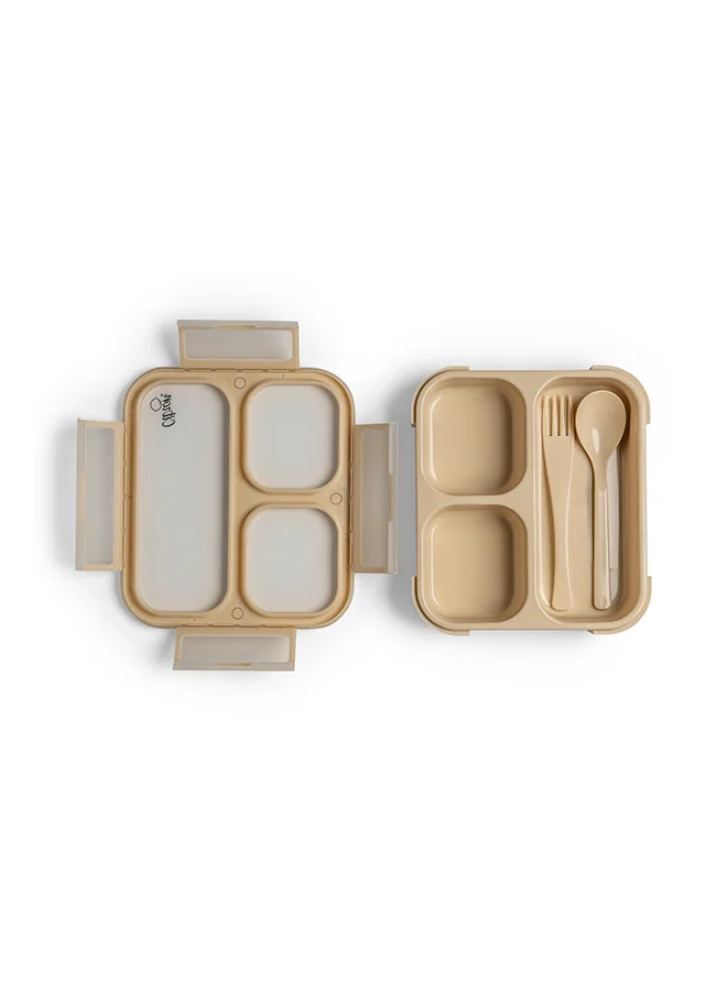 Premium 3-Compartment Lunch Box with Fork and Spoon Set (Beige, 1 Piece) mr0ws