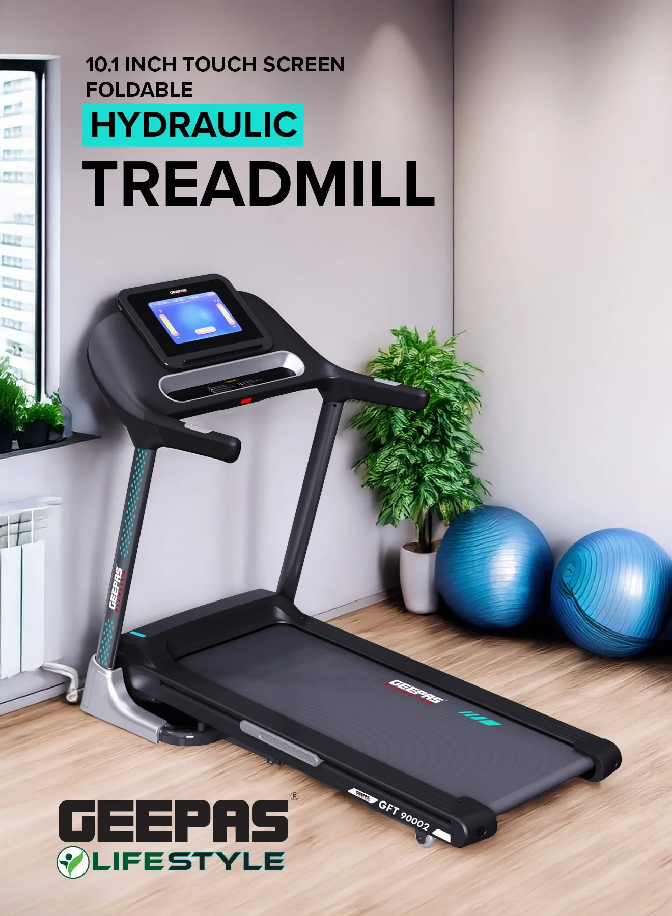 GEEPAS 10.1 Inch Touch Screen Foldable Hydraulic Treadmill with 15 Levels Auto Incline and Bluetooth Speaker (Black) kt27n