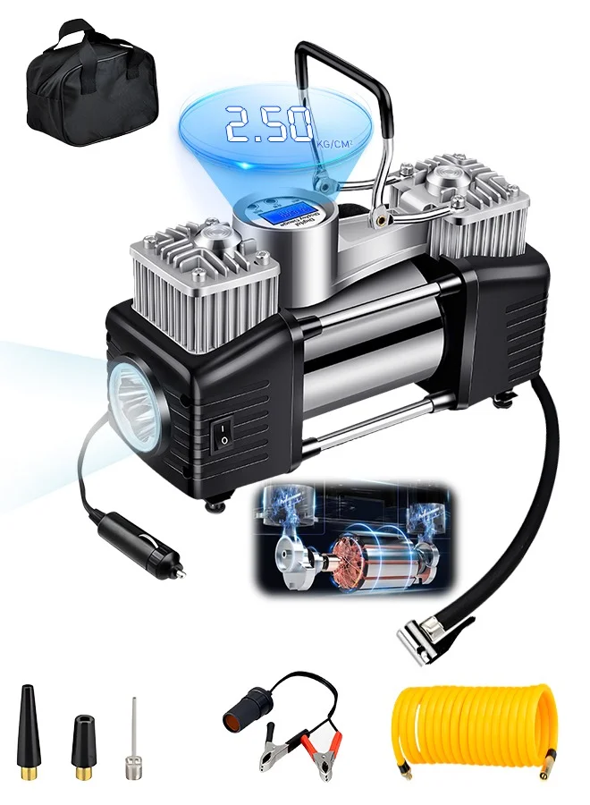 PINREK Heavy Duty Double Cylinder Tyre Inflator, Portable Air Compressor with Digital Pressure Gauge and LED Light for SUV and Trucks (30mm) 3n5m7