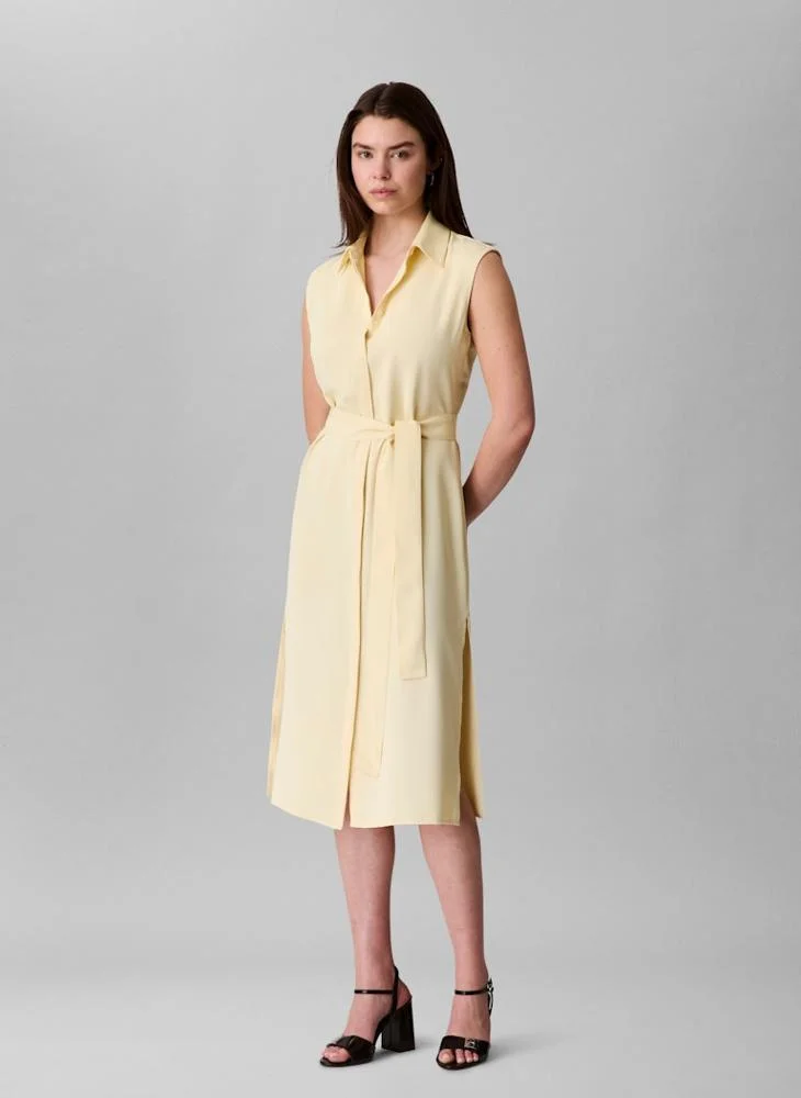 Premium Sleeveless Midi Shirt Dress with Tie Waist and Side Slit for Women (Solid, Medium) h9ep2