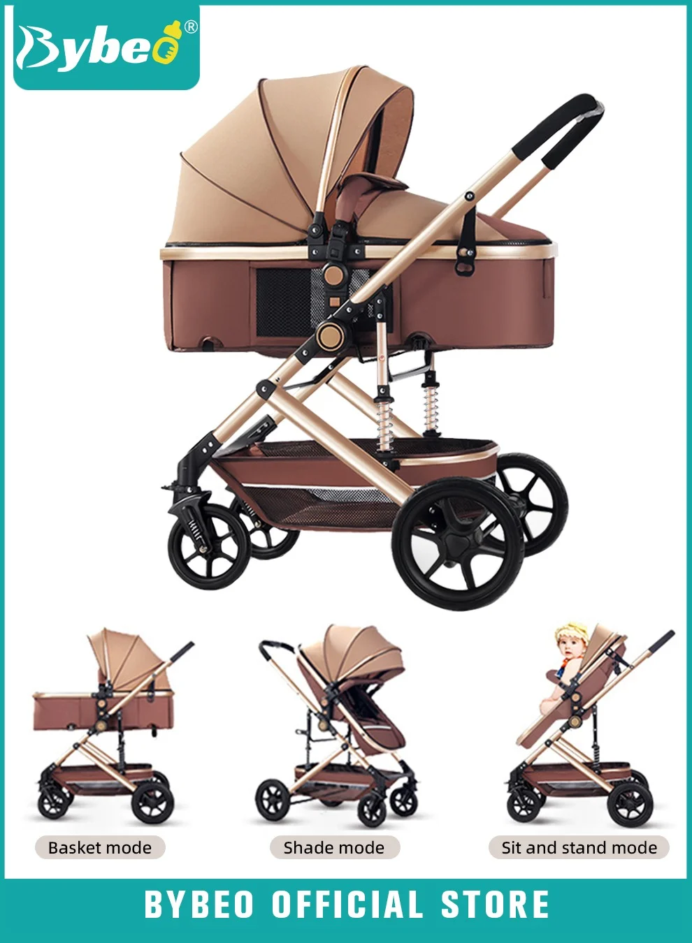 Bybeo 3-in-1 Lightweight Baby Stroller, Multifunctional Travel Cabin with One-Hand Folding System, Includes Dinner Plate, Cooling Mat, and Mosquito Net (For Newborn to Kids) m1udc