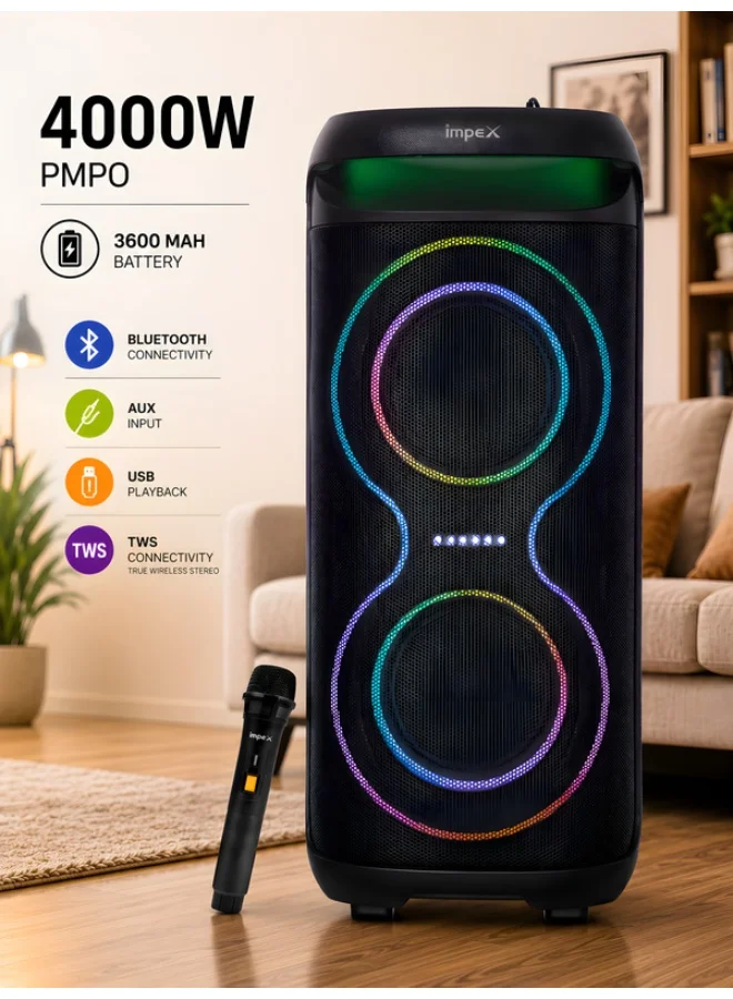 Impex Portable Trolley Speaker System with Dual 6.5-inch Drivers, Bluetooth, Karaoke Function, and UHF Wireless Microphone (Black, 3600mAh) d2c90