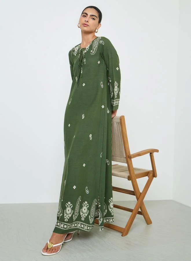 Amirah Olive Placement Print A-Line Jalabiya Premium Modest Kaftan Dress for Women ywjtx