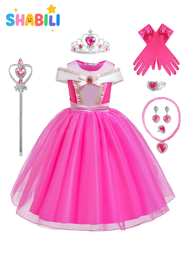 SHABILI Princess Costume Dress for Girls 8-Piece Pink Outfit Set with Crown and Accessories (130cm) grhk8